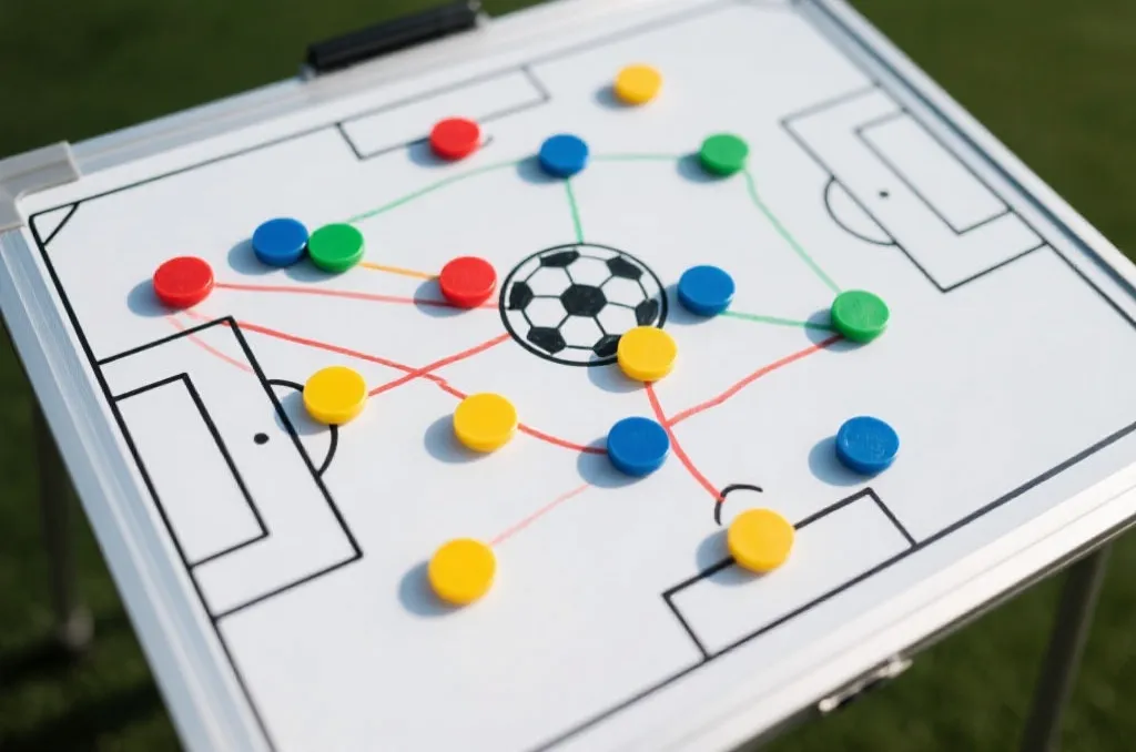 Professional soccer tactics board with colorful magnetic pieces showing strategy analysis